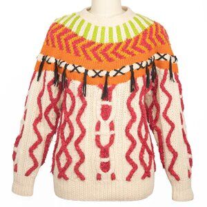 NOVO Vintage 1980s Hand Knit Wool Sweater Med Bold Neon Geometric Pattern